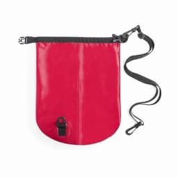 A red waterproof pouch with a black strap and securing clip, featuring a black edge at the top.