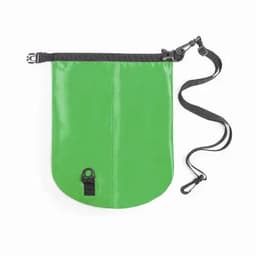 A green waterproof pouch with a strap and a clip, featuring a black zippered top and a small attachment point.