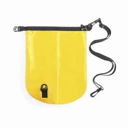 A yellow waterproof pouch with a black strap and clip, featuring a secure closure mechanism.