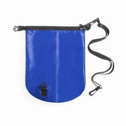 A blue waterproof bag with a black strap and a fastening mechanism at the bottom. It features a clip for attachment.