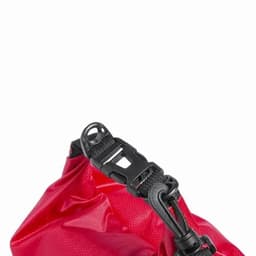 A red waterproof bag featuring a black adjustable buckle fastening.