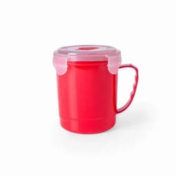 A drink bottle in bright red with a transparent lid and a sturdy handle. It features a logo on the front.