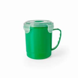 A green drink bottle with a handle and a clear lid, featuring a branding logo.