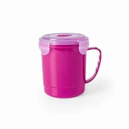 A drink bottle in bright pink with a clear lid and a handle for easy carrying. It features a branding logo.