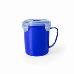 A drink bottle with a blue body, transparent lid, and a sturdy handle. It features a logo on the front.