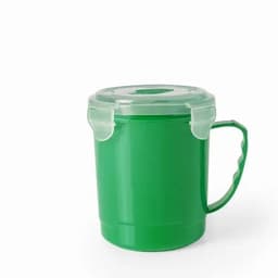 A green container with a handle and a transparent lid, featuring a simple design.