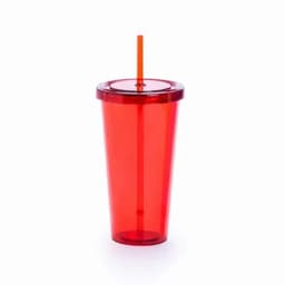 A drink bottle in bright red plastic with a matching lid and an orange straw. It features a logo on the side.