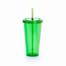 A drink bottle in vibrant green with a straw and a lid, featuring a simple design and a smooth finish.