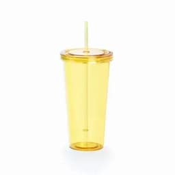A drink bottle in a vibrant yellow colour, featuring a transparent body and a matching lid with a straw.