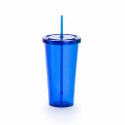 A drink bottle in a vibrant blue colour, featuring a removable lid and a straw. It has a simple design and a logo.