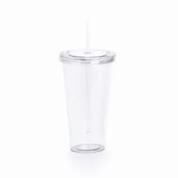 A clear drink bottle with a lid and straw, featuring a simple design and a branding logo.