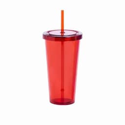 A drink bottle in vibrant red with a matching lid and straw, featuring a logo.