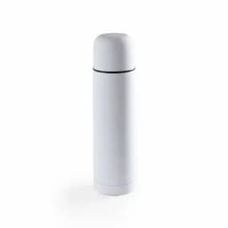 A drink bottle in white with a sleek design and a black line around the centre, featuring a branded logo.