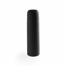 A drink bottle in sleek black with a rounded cap, featuring a minimalist design and a branding logo.