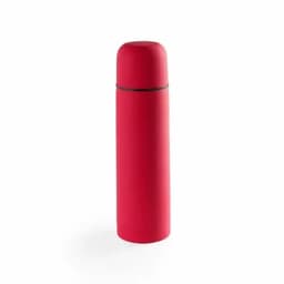 A drink bottle in bright red with a rounded cap and a sleek design, featuring a branding logo.