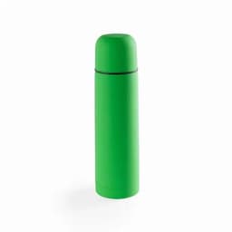 A drink bottle in bright green with a rounded lid and a sleek design. It features a logo on the body.