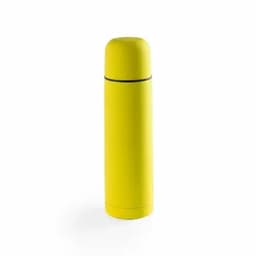 A drink bottle in bright yellow with a rounded top and a black band around the middle. It features a logo.