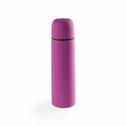 A drink bottle in a vibrant pink colour with a rounded lid and a sleek design. It features a logo on its surface.