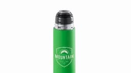 A drink bottle in vibrant green with a black lid and a circular logo featuring a mountain design.
