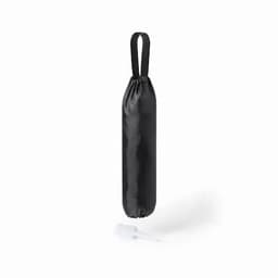 A black promotional drink bottle with a carrying handle and a white removable cap at the base.