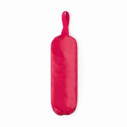 A red promotional product with a looped handle, designed in a compact, elongated shape. It features a branding logo.