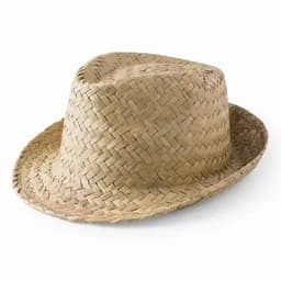 A straw fedora hat in a light beige colour with a woven design. The hat has a slightly curved brim.