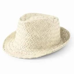 A straw fedora hat in a light beige colour with a woven design.