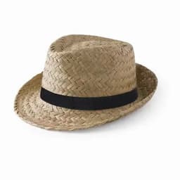 A straw hat featuring a black band, showcasing a natural woven design.