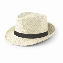 A straw hat featuring a black band, showcasing a woven design in a light cream colour.