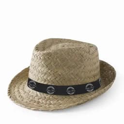 A straw hat featuring a woven design and a black band with an emblem. The hat is light tan in colour.