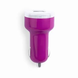 A purple car charger with a white top and a logo, designed for USB connections.