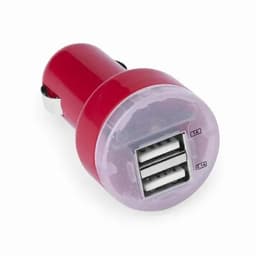 A red car charger with two USB ports, designed for charging devices on the go. It features a clear plastic section.