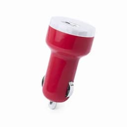 A red car charger with a white top and silver connectors, featuring a logo on the side.