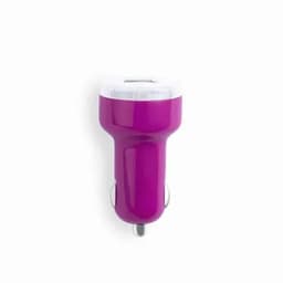 A car charger in a vibrant purple colour with a silver connector. The charger features a sleek, modern design and has a logo.