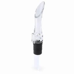 A drink bottle spout in clear plastic and black silicone, featuring a curved design for easy pouring.