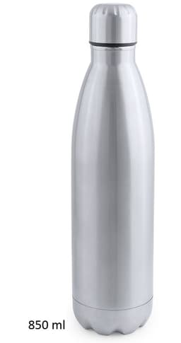 A drink bottle with a sleek silver finish, featuring an 850 ml capacity and a logo on the body.