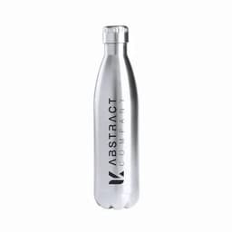 A drink bottle in silver with a sleek design and a logo on the front.