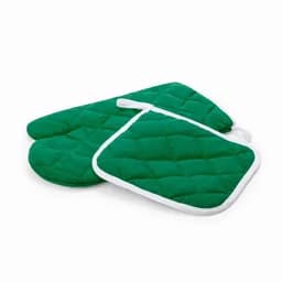 A set of green quilted oven mitts and a pot holder, featuring white trim.