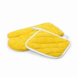 Bright yellow oven mitts and a pot holder, featuring a quilted design and white edging.