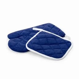 A set of navy blue oven mitts and a pot holder, featuring a quilted design and white trim.