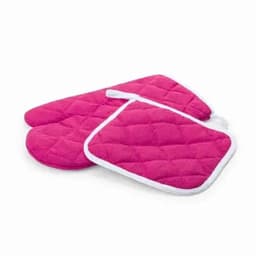 A set of bright pink kitchen items, including an oven mitt and a pot holder, with a quilted texture and white trims.