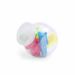 A clear plastic container filled with colourful rubber bands in pink, blue, and yellow.