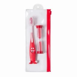 A red travel toothbrush and hourglass timer in a transparent pouch with a red zip.