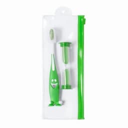A green dental kit containing a toothbrush, an hourglass timer, and a transparent pouch.