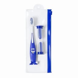 A blue toothbrush with a smiling design, a blue hourglass timer, and a clear pouch.