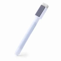 A white pen with a rectangular grey cap and a square end. The pen has a sleek design and minimalist style.