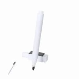 A white marker pen with a black nib, resting on a stand, alongside a removable cap.