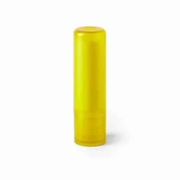 A drink bottle in bright yellow with a clear design and a circular top, featuring a logo.