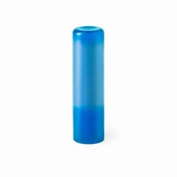 A drink bottle in translucent blue, featuring a round top and a sleek cylindrical design, with a branding logo.