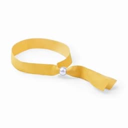 A yellow fabric bracelet with a silver clasp, featuring a ribbon-like design for a secure fit.